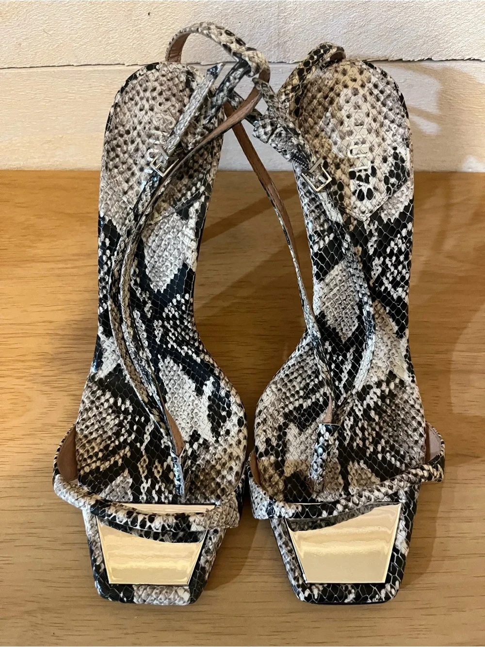 SCHUTZ Snakeskin Print Strappy Heels in Black and Cream